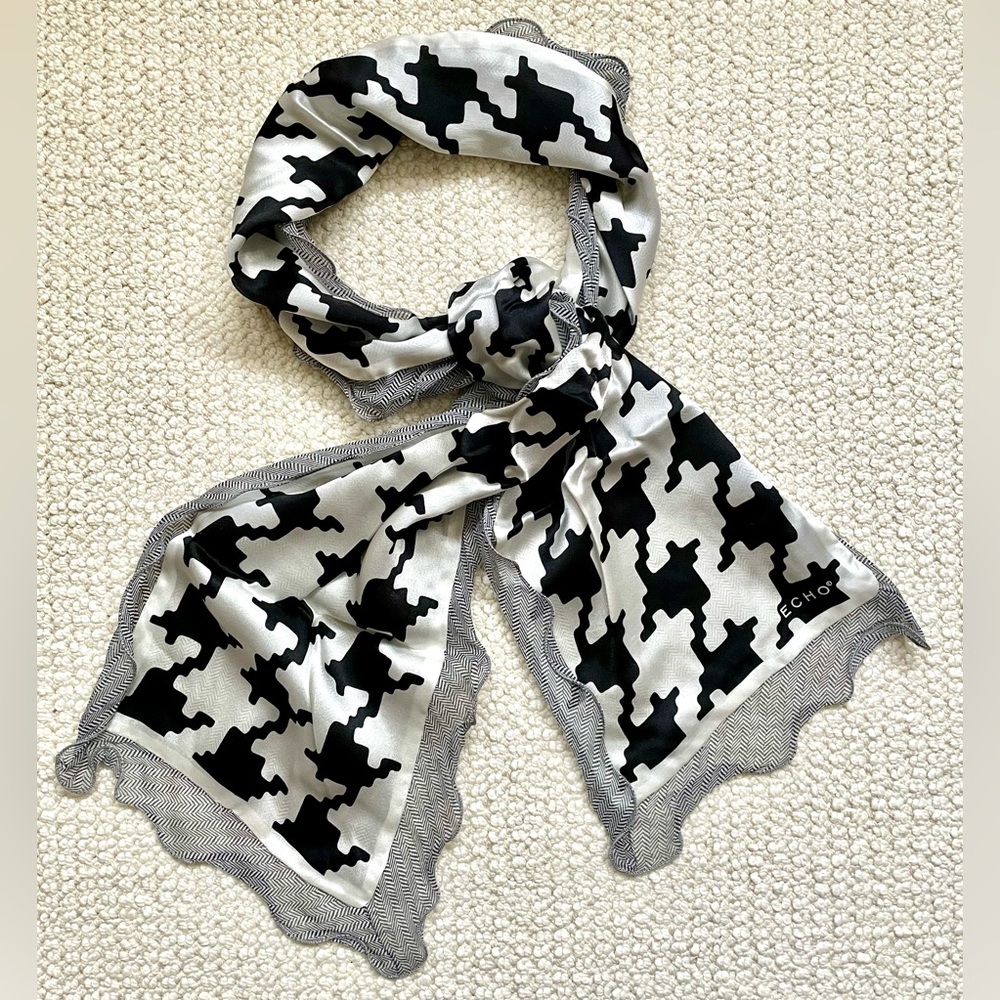 🖤 Echo Silk Scarf | Black & White Houndstooth | Ruffled Edge